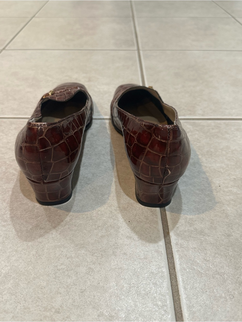 Women’s Croc-Embossed Burgundy Slip-On Loafers with Gold Accent - Picture 3 of 3